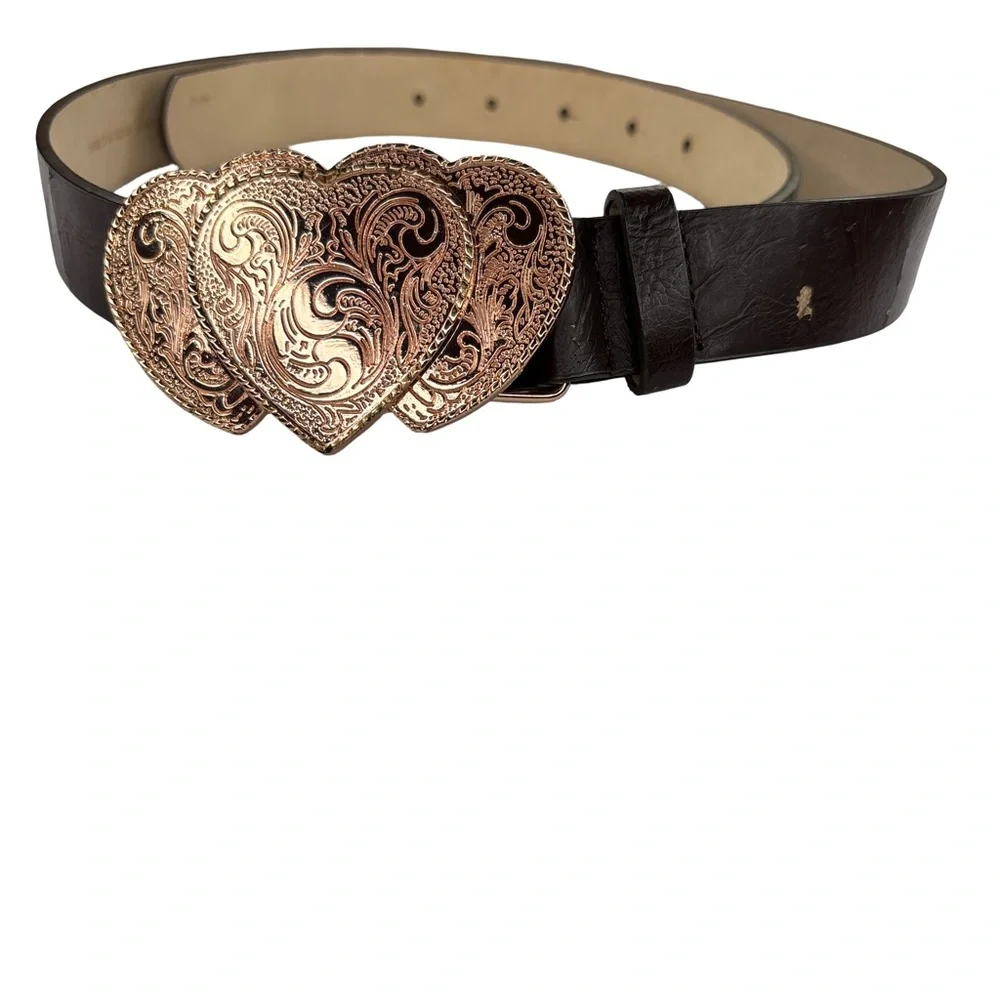 Elegant Brown Belt with Gold Metal Heart Buckle Medium